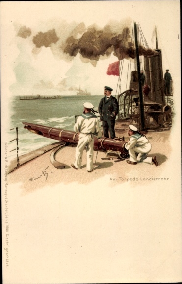 Kunstenaar litho Bohrdt, Hans, Bij de torpedo-lanceerbuis, Duitse matrozen, oorlogsschip