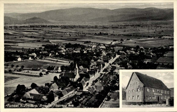 Postcard Tunsel Bad Krozingen in Breisgau Black Forest, aerial view of Tunsel, houses, fields, guesthouse to