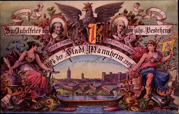 KP artysty Mannheim Baden, obchody 300-lecia miasta w 1907 r., elektor Friedrich, elektor Karl Theodor