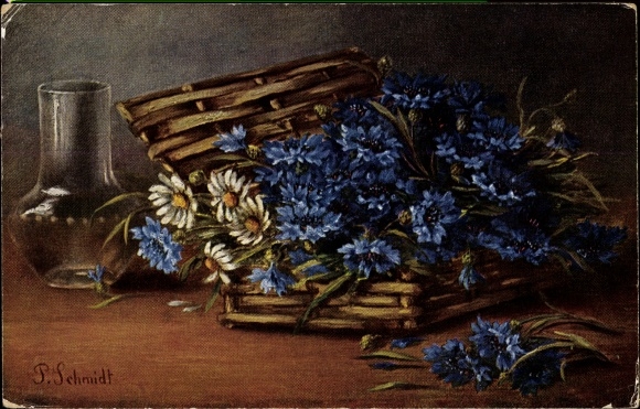 Artist PC Schmidt, P., still life with cornflowers and glass vase