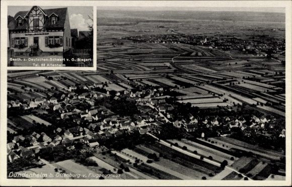 Postcard Dundenheim Neuried in Baden, aerial view of Dundenheim, Gasthof Deutschen-Schwert, landscape