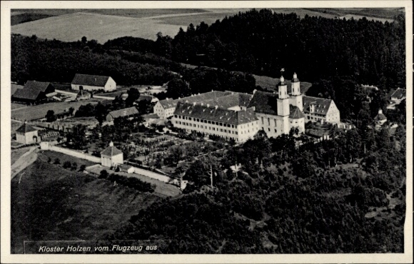 Postcard Allmannshofen, view of the monastery Holzen, aerial photograph