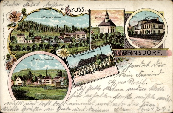 Litho Gornsdorf im Erzgebirge, Ullmanns Fabrik, Kirche, Schule, Restaurant Banitz, Nebel's Fabrik