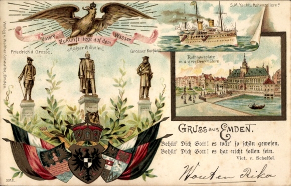 Litho Emden in Ostfriesland, SMY Hohenzollern, Kaiser und König Denkmäler, Fahnen
