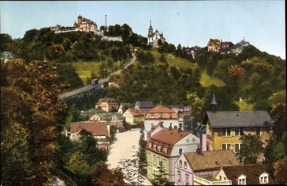 Briefkaart Dresden Loschwitz Witte herten, uitzicht op de Luisenhof, kabelbaan