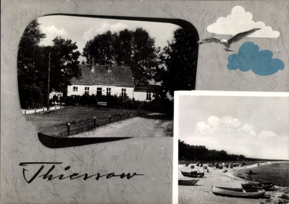 Postcard Thiessow on Rügen, beach, boats, house, seagull