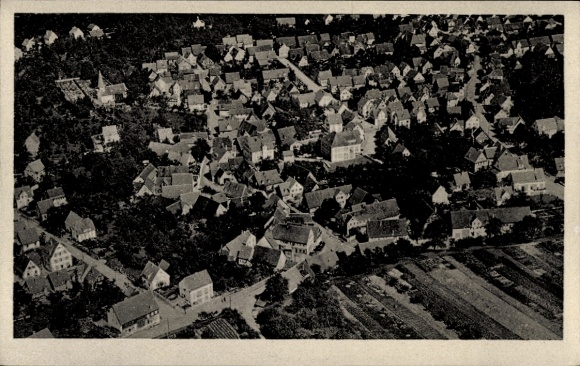 Postcard Berkheim in Upper Swabia, aerial view of numerous houses, rural surroundings, black and white