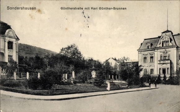 Postcard Sondershausen, Güntherstraße, Karl Günther fountain