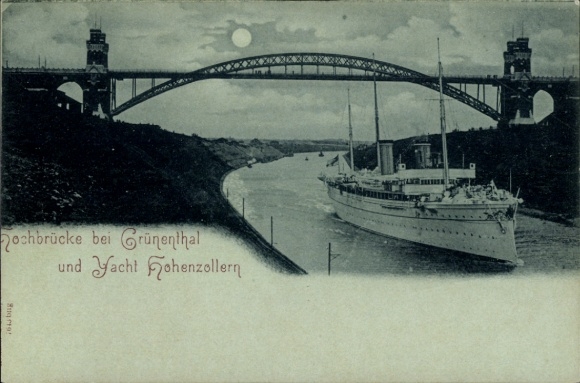 Moonlight Postcard Grünental Beldorf in Schleswig Holstein, High Bridge Grünenthal, Yacht Hohenzollern