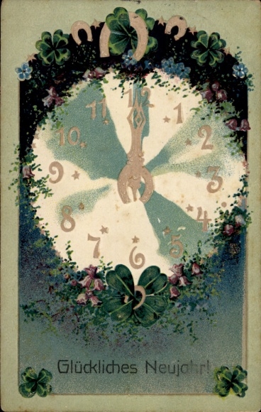 Embossed PC Happy New Year, clover leaf, clock