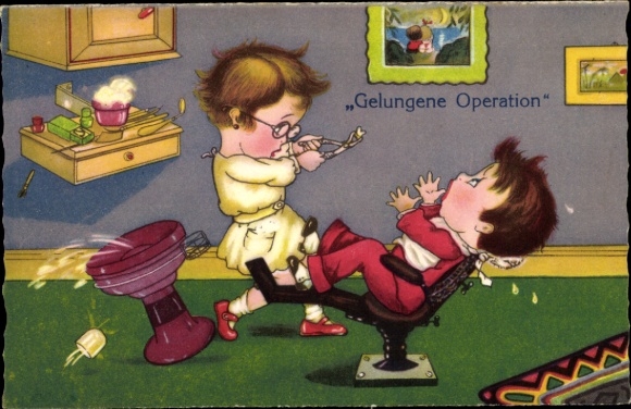 Postcard Successful operation, children, dentist, extracted tooth