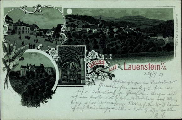 Moonlight Chromo-Litho Lauenstein Altenberg in the Ore Mountains, castle, view of the town, market square