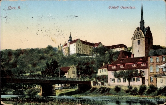 Ak Gera in Thüringen, Schloss Osterstein, Brücke, Häuser mit roten Dächern, idyllische Landschaft