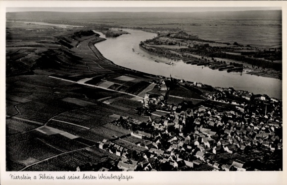 Postcard Nierstein am Rhein, aerial view of Nierstein, Rhine, vineyards