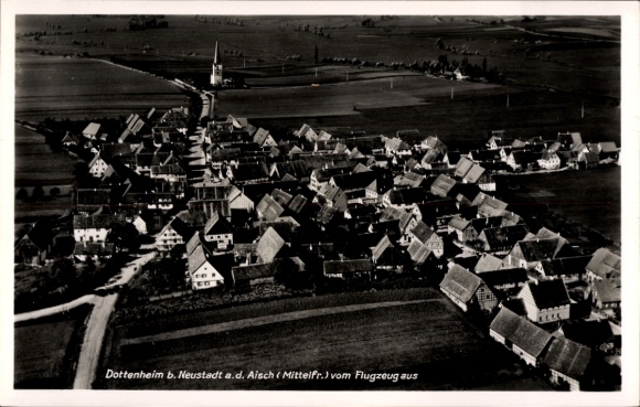 Postcard Dottenheim Dietersheim in Middle Franconia, aerial view of church tower, typical houses, rural