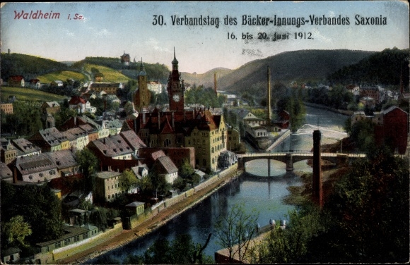 Ak Waldheim in Mittelsachsen, Panorama vom Ort, Verbandstag Bäcker Innung Saxonia 1912