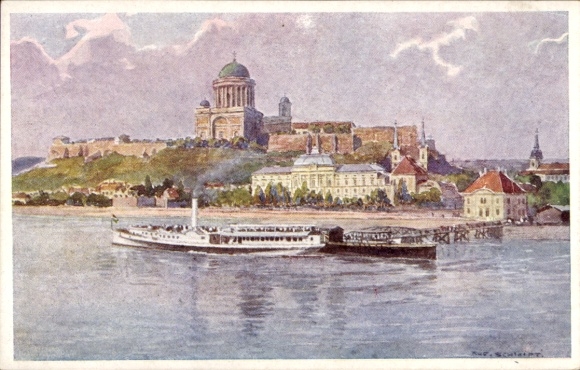 Artysta KP Schmidt, R., Esztergom Gran Węgry, odcinek Dunaju, parowiec typu sedan