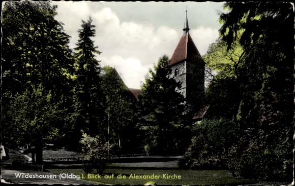 Postcard Wildeshausen in Oldenburg, Alexander Church, view of church, trees, landscape