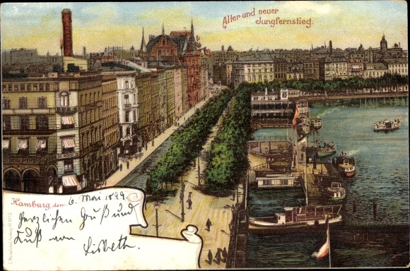 Postcard Hamburg, old and new Jungfernstieg