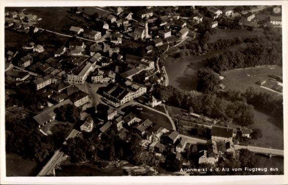 Postcard Altenmarkt an der Alz Upper Bavaria, aerial view of Altenmarkt, residential buildings, church, river, bridge
