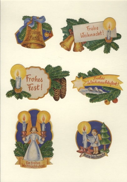6 wafli z motywami świątecznymi i życzeniami o wymiarach ok. 10 x 6,5 cm do 6 x 6 cm