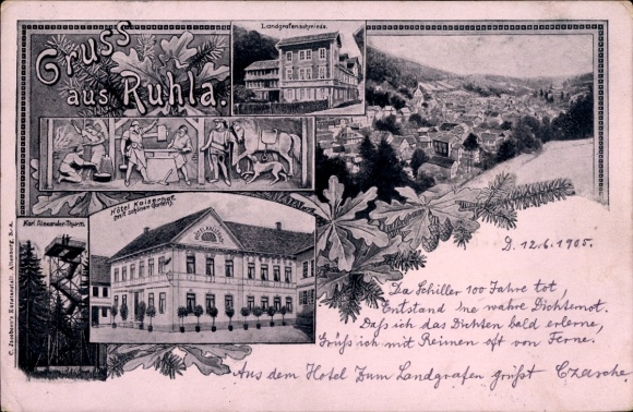 Ak Ruhla in Thüringen, Vorderseite mit Hotel, Gruß aus   Szenen, Dichtemot, alte Grafiken
