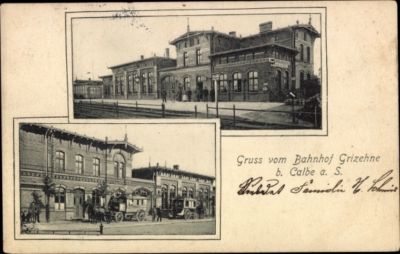 Ak Grizehne Calbe an der Saale, Bahnhof, Kutschen