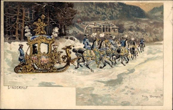 Kunstenaarskaart Bergen, F., Linderhof Ettal Opper-Beieren, sledeteam, koninklijke koets