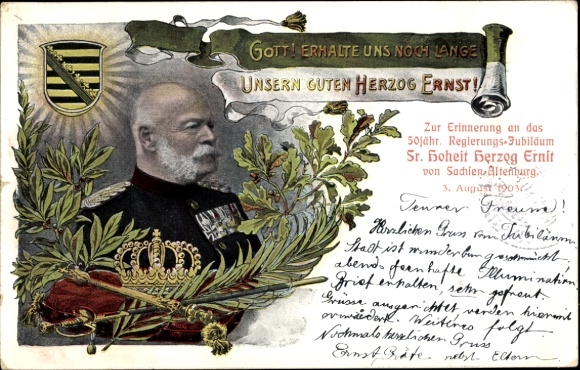 Coat of arms Postcard Chromo-Litho Duke Ernst of Saxony Altenburg, 50th anniversary of his reign 1903