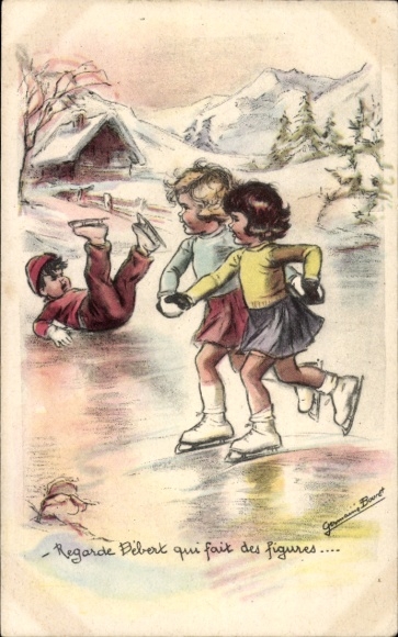 Artist Postcard Bouret, Germaine, Children skating, boy falls down