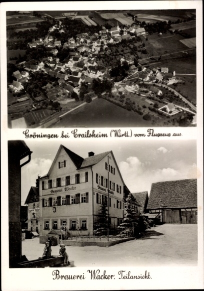 Postcard Gröningen Satteldorf in Württemberg, aerial photograph, Wacker Brewery
