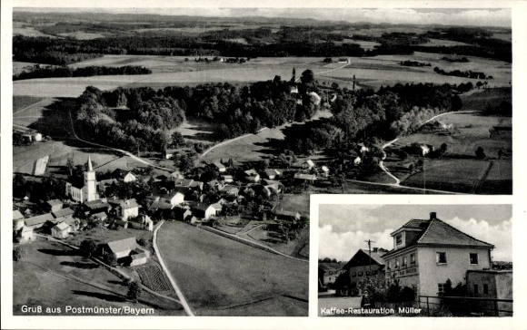 Postcard Postmünster in Lower Bavaria, aerial photograph, coffee restaurant Müller