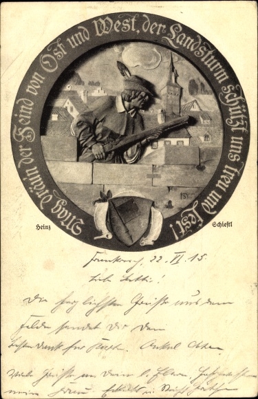 Postcard plastic by Heinz Schiestl, brother of Matthäus, man with gun, Landsturm, relief