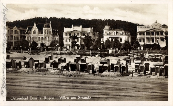 Postcard Seebad Binz on Rügen, Baltic Sea resort Binz, villas on the beach, many beach chairs, architectural