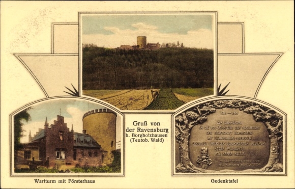 Ak Borgholzhausen Westfalen, Wartturm mit Försterhaus, Ravensburg, Gedenktafel