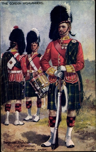 Artist Postcard The Gordon Highlanders, Sergeant, Bandsmann and Drummer