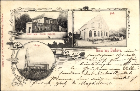 Postcard Burhave Butjadingen Wesermarsch, post office, hotel to the iron chancellor, church