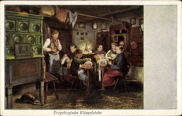 Artist Postcard Falk, G., Erzgebirge lacemaking studio, tiled stove