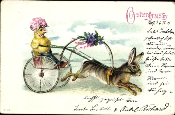 Chromo-Litho Happy Easter, rabbit pulling carriage with a chick