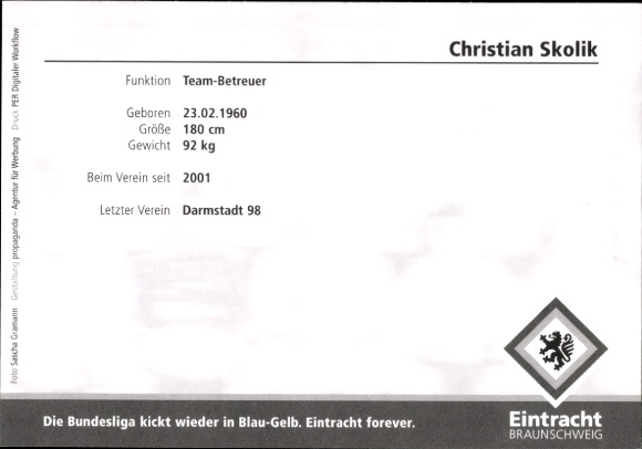 Autograph card team supervisor Christian Skolik, Eintracht Braunschweig, autograph