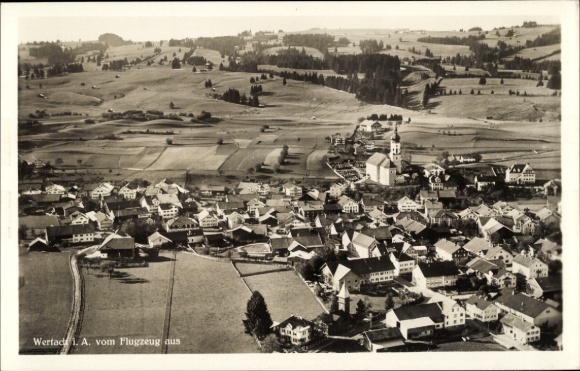Postcard Wertach, aerial photograph of the town, church