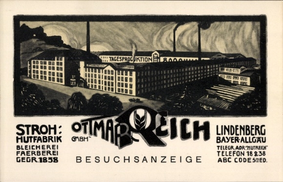 Postcard Lindenberg im Allgäu Swabia, Ottmar Reich, straw hat factory, bleaching works, dyeing works