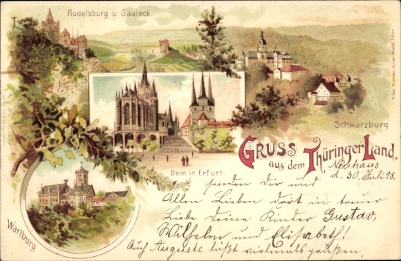 Chromo-Litho Thuringian Land, Schwarzburg, Bad Kösen Naumburg Rudelsburg and Saaleck, Erfurt Cathedral, Wartburg