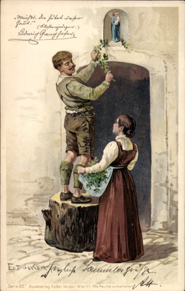 Kunstenaar litho Döcker, E., man en vrouw in klederdracht, afbeelding van de Maagd Maria, Ludwig Ganghofer