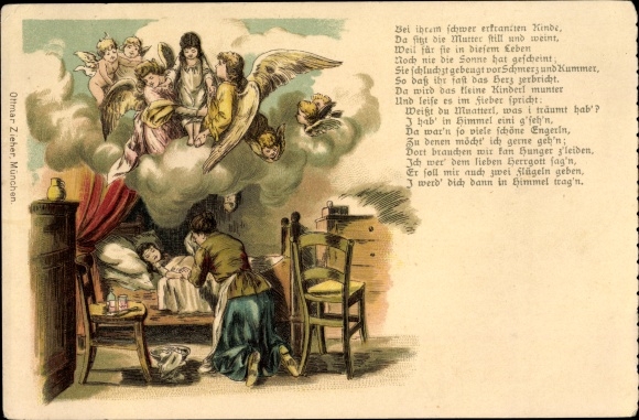 Chromo-Litho Woman weeps for sick child, Child with angels in heaven