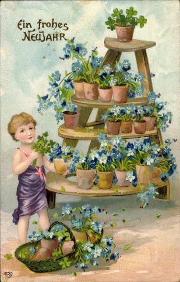 Postcard Happy New Year, child, violet flowerpots