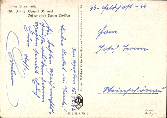 Artist Postcard Willrich, Wolfgang, Major General Rommel, Knight's Cross holder, Panzer Division, VDA