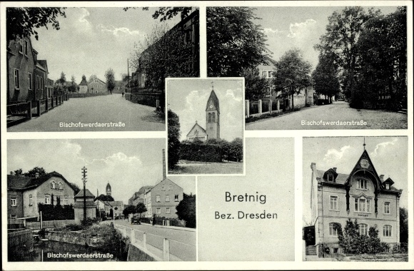 Postcard Bretnig Hauswalde in the district of Bautzen, Bischofswerdaer Straße, church, post office