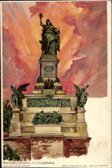Artist Chromo-Litho Pfaff, C., Rüdesheim am Rhein, national monument on the Niederwald