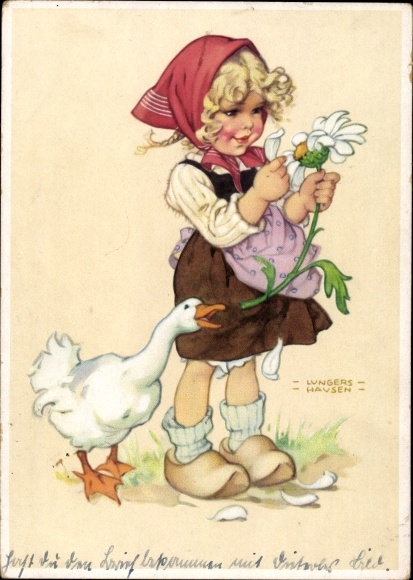 Artist PC Lungershausen, Ilse Wende, girl with flower, goose